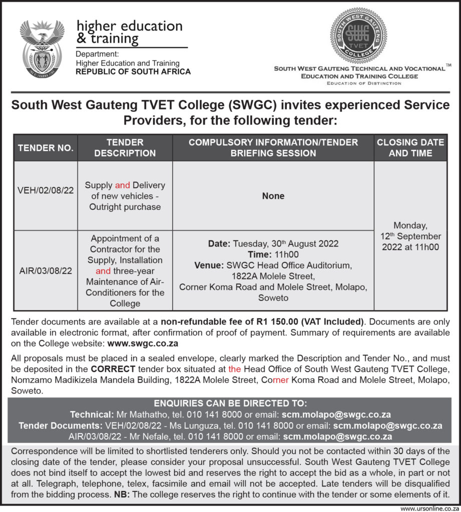 Tenders South West Gauteng TVET College